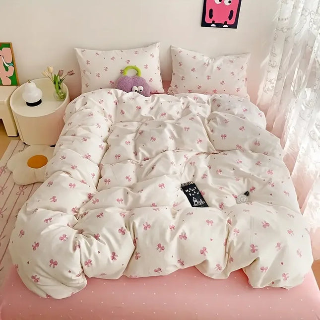Anqianny 3pcs Pink Bow Duvet Cover Set with Pillowcases - Cozy & Breathable