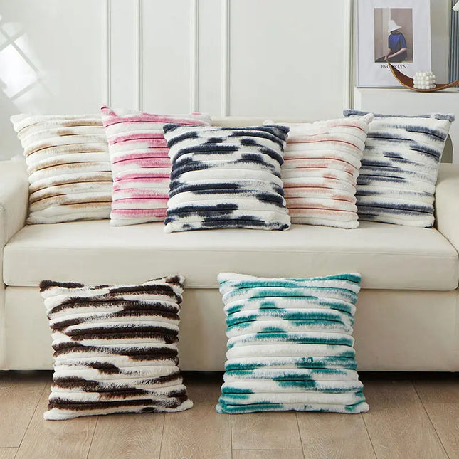 Anqianny Double-Sided Faux Fur Cushion Cover - Fuzzy Striped Decorative Pillow