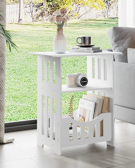 Modern White Bedside Table - Small Table with Storage Shelf