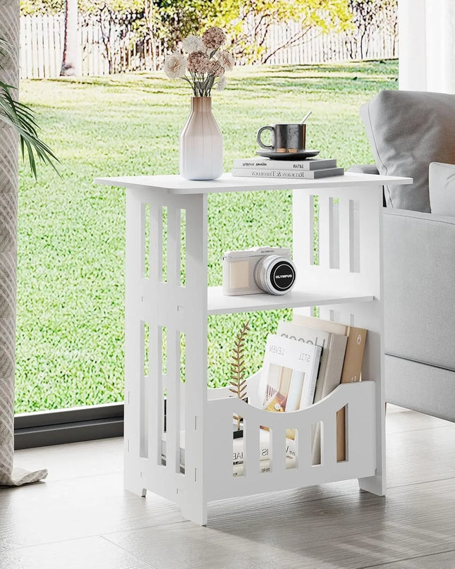Modern White Bedside Table - Small Table with Storage Shelf