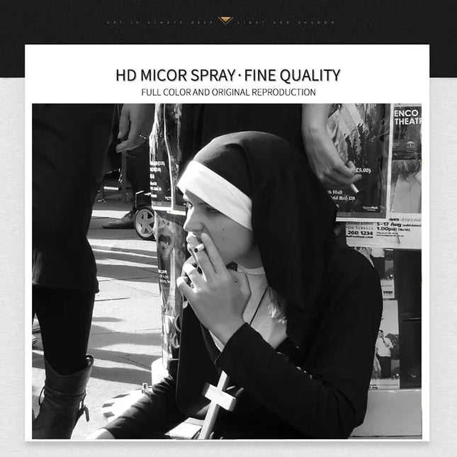 Vintage Smoking Nun Canvas Print - Funny Black and White Wall Art