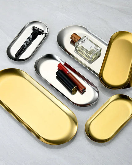 Oval Stainless Steel Gold Dining Plate - Perfect for Cakes & Snacks