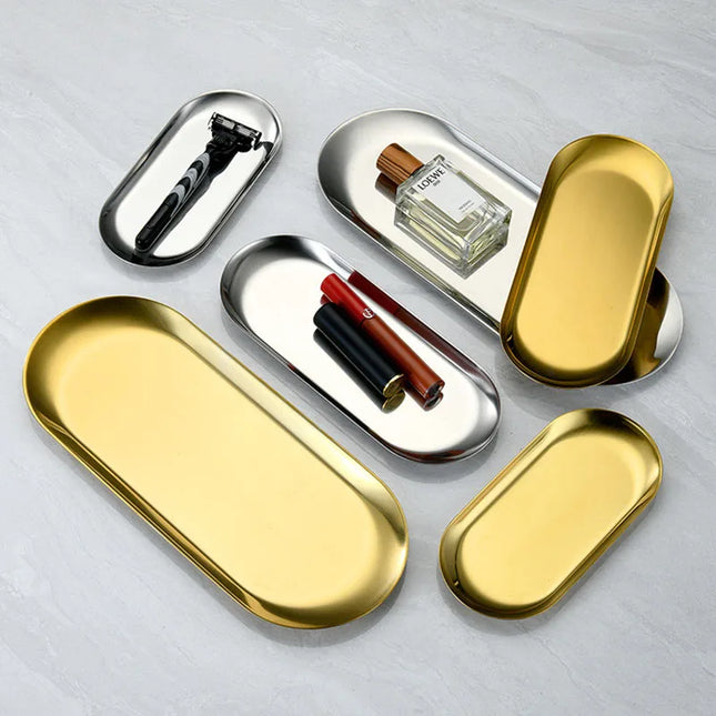 Oval Stainless Steel Gold Dining Plate - Perfect for Cakes & Snacks