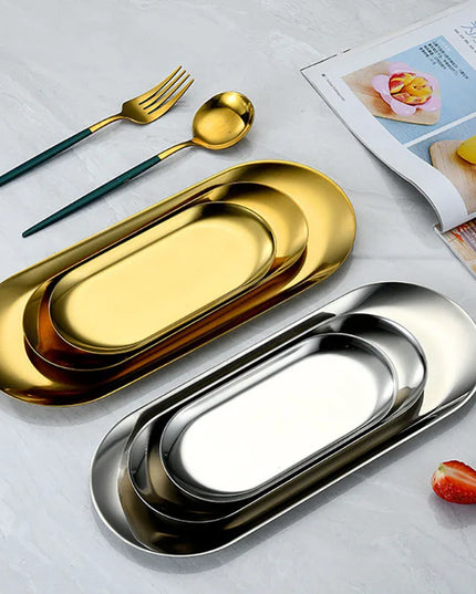 Oval Stainless Steel Gold Dining Plate - Perfect for Cakes & Snacks