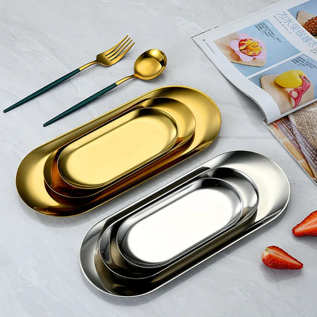 Oval Stainless Steel Gold Dining Plate - Perfect for Cakes & Snacks