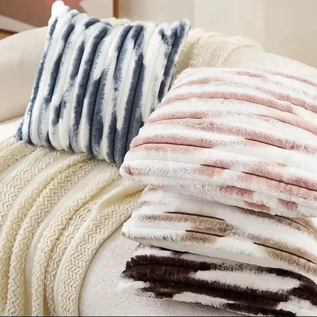 Anqianny Double-Sided Faux Fur Cushion Cover - Fuzzy Striped Decorative Pillow