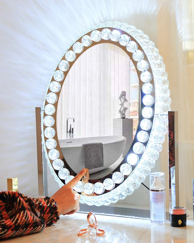 Modishion Oval LED Makeup Mirror - Adjustable Touch Controls & Crystal Frame