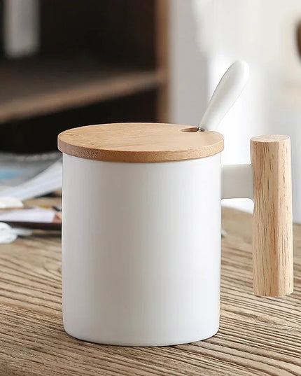 Wooden Handle Mugs with Lid and Spoon