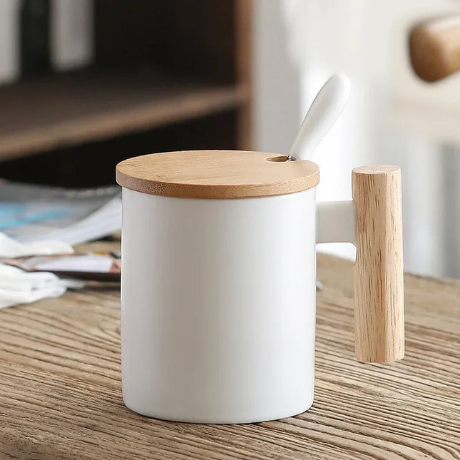Wooden Handle Mugs with Lid and Spoon