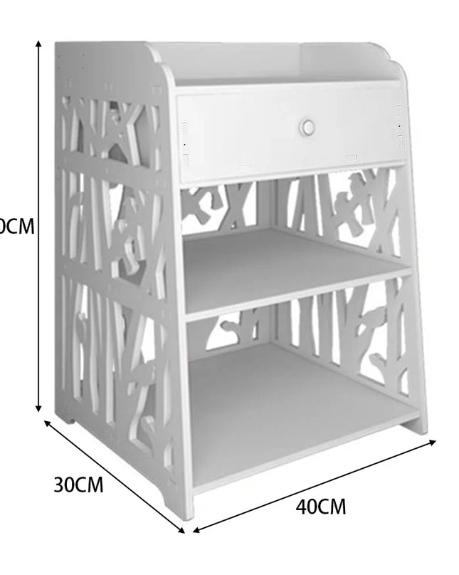 Voltsify White Wooden Bedside Table - Modern Nightstand with Bird Pattern