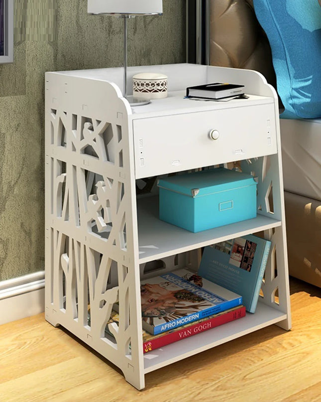 Voltsify White Wooden Bedside Table - Modern Nightstand with Bird Pattern