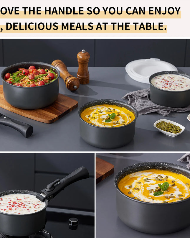 Fadware Non-Stick Saucepan Set - Removable Handle, 3 Sealing Lids