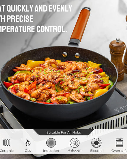 Nonstick Induction Wok Pan 30cm - Wooden Handle, All Hobs Compatible