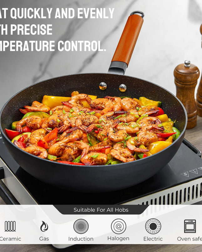 Nonstick Induction Wok Pan 30cm - Wooden Handle, All Hobs Compatible