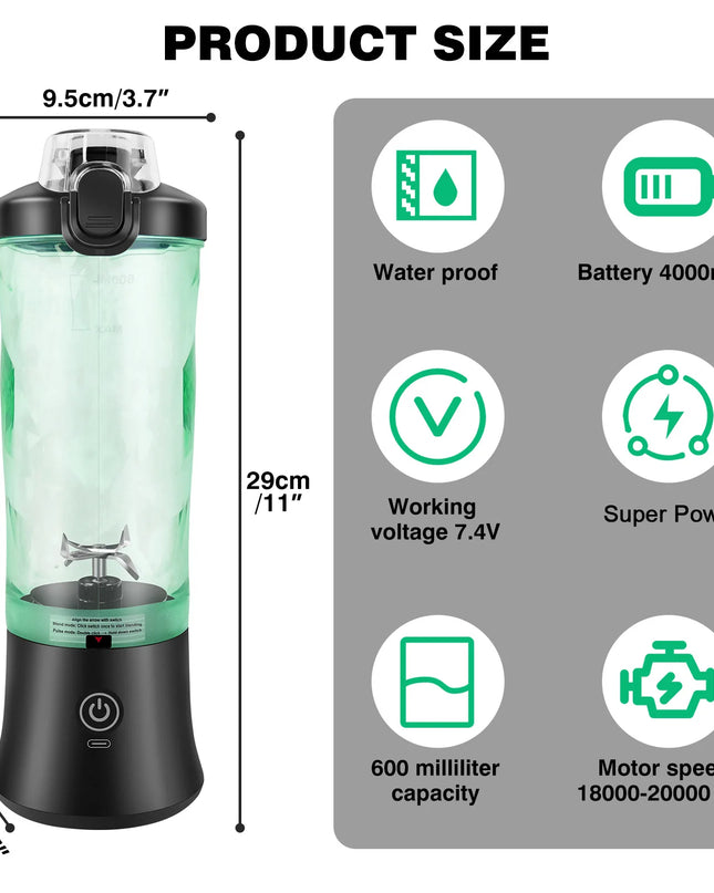 DayPlus 600ML Portable Blender - USB Rechargeable Electric Juicer