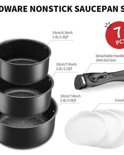 Fadware Non-Stick Saucepan Set - Removable Handle, 3 Sealing Lids