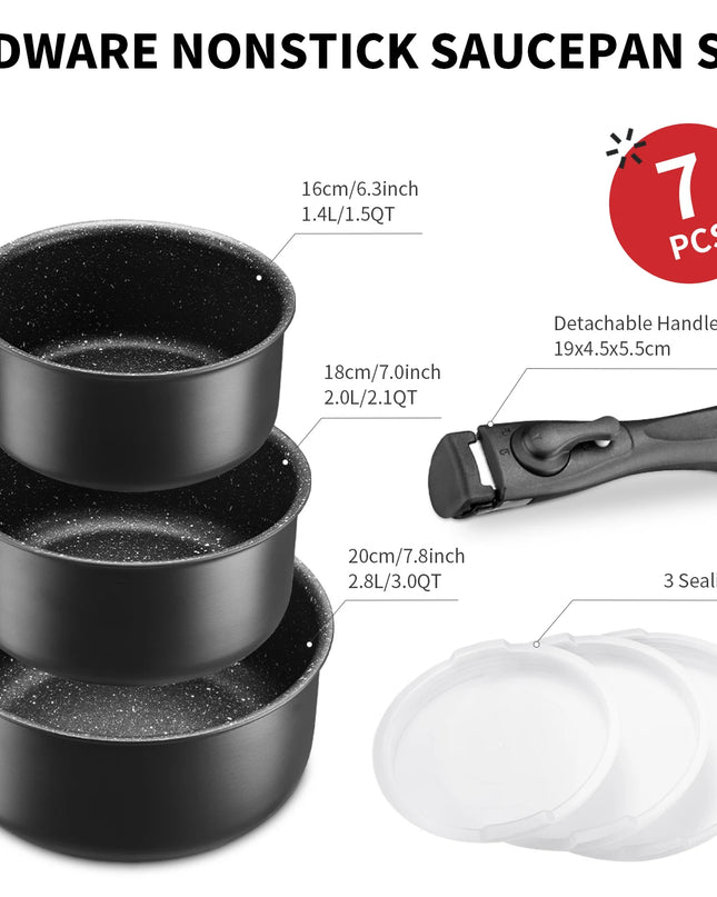 Fadware Non-Stick Saucepan Set - Removable Handle, 3 Sealing Lids
