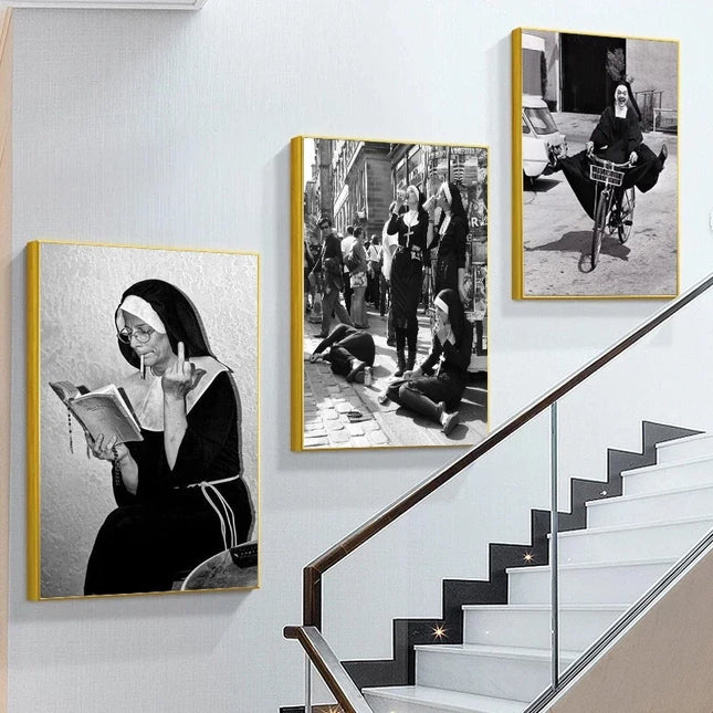 Vintage Smoking Nun Canvas Print - Funny Black and White Wall Art