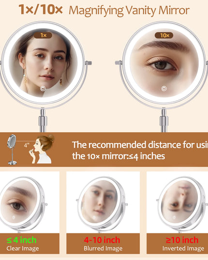 Beauty Star 8" Makeup Mirror with Light - 10X Magnification, Adjustable Height