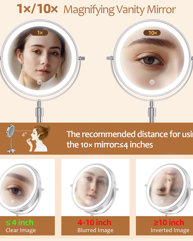 Beauty Star 8" Makeup Mirror with Light - 10X Magnification, Adjustable Height