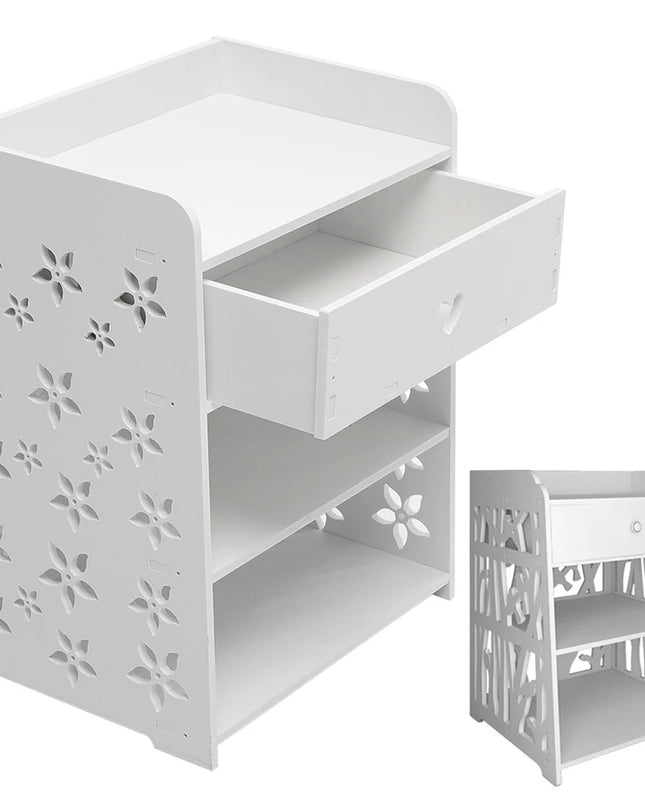 Voltsify White Wooden Bedside Table - Modern Nightstand with Bird Pattern