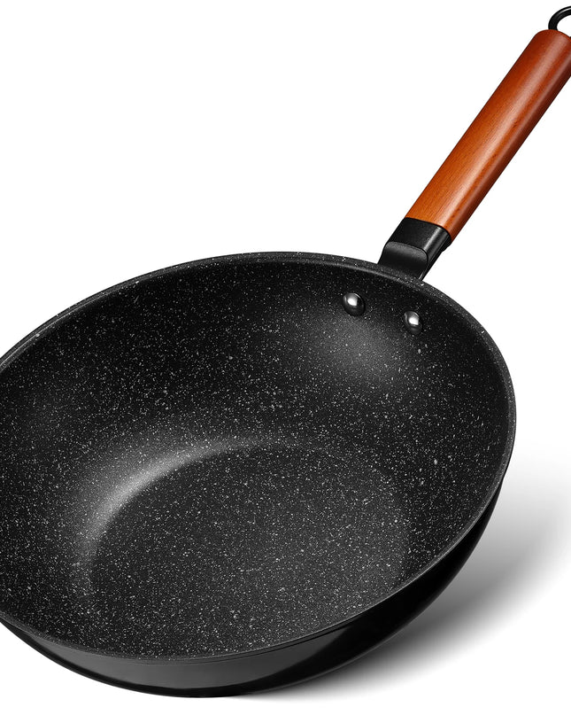 Nonstick Induction Wok Pan 30cm - Wooden Handle, All Hobs Compatible