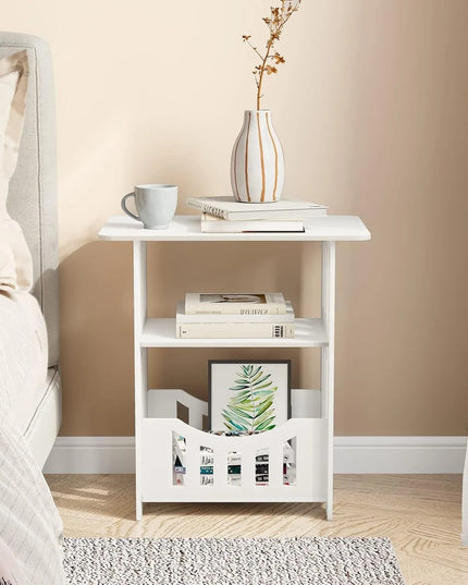 Modern White Bedside Table - Small Table with Storage Shelf