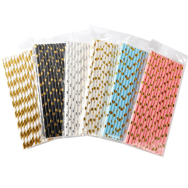 25/50pcs Gold/Silver Foil Disposable Paper Straws for Parties & Events