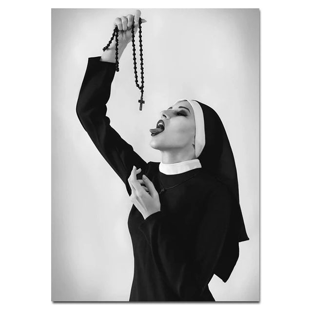 Vintage Smoking Nun Canvas Print - Funny Black and White Wall Art