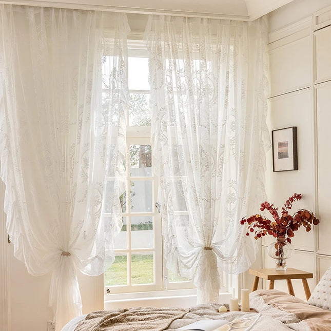 Retro Lace Gauze Curtain - Romantic Ruffle Edge Sheer for Living Room