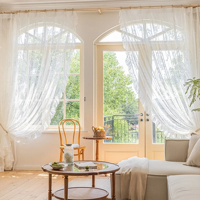 Retro Lace Gauze Curtain - Romantic Ruffle Edge Sheer for Living Room