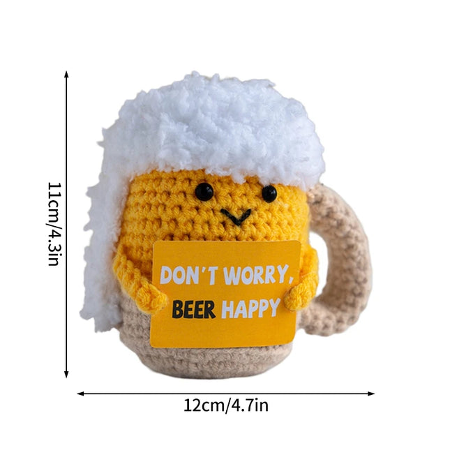 Funny Crochet Animal with Positive Card Ornament Handmade Knitted Ducks Fox Sheep Turtle Desk Figurine Creative Crochet Gift