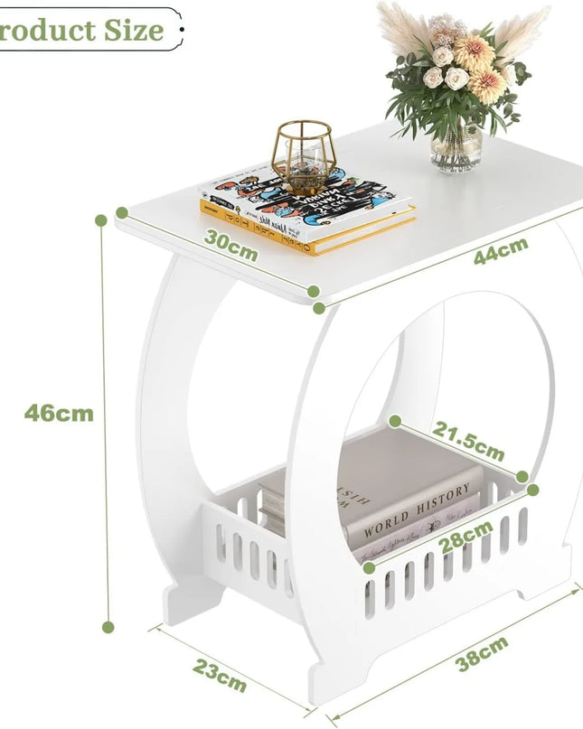 Modern White Bedside Table - Slim Nightstand with Storage Basket