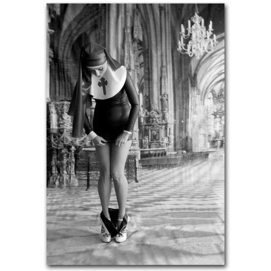 Vintage Smoking Nun Canvas Print - Funny Black and White Wall Art