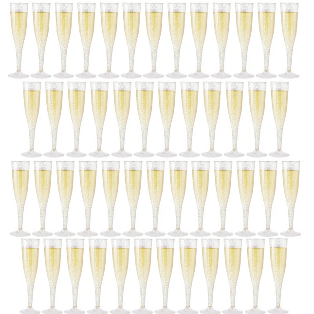 25/50Pcs Clear Champagne Flutes 5oz, Plastic Glitter Champagne Flutes