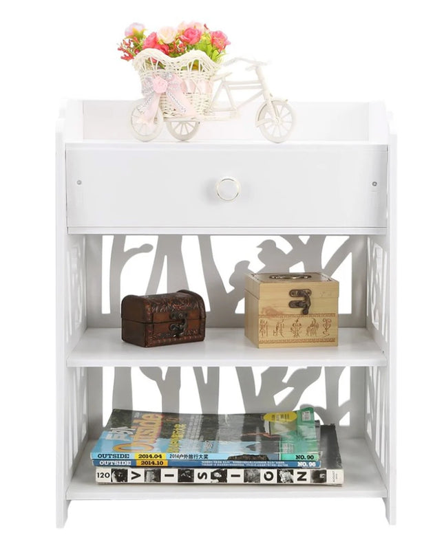 Voltsify White Wooden Bedside Table - Modern Nightstand with Bird Pattern