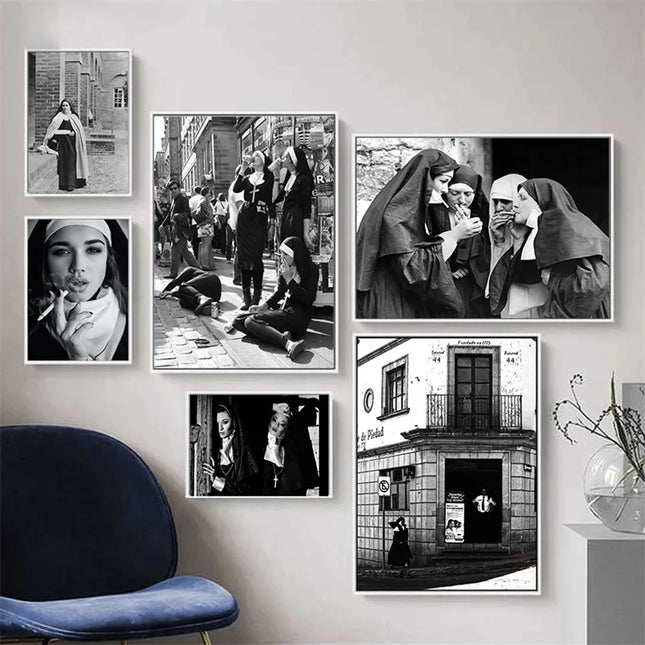 Vintage Smoking Nun Canvas Print - Funny Black and White Wall Art