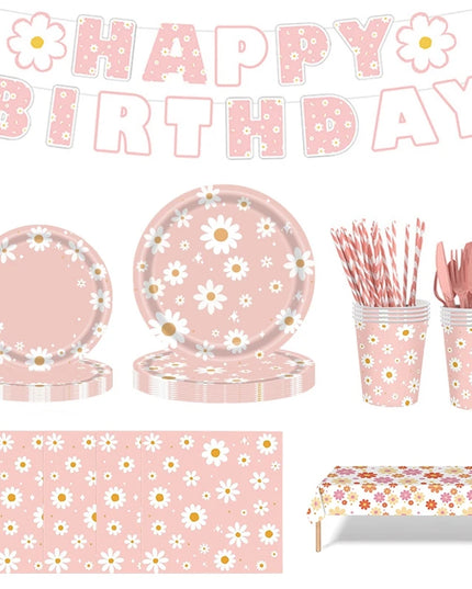 24Pcs Pink Daisy Disposable Party Plates & Cups - Perfect for Weddings & Events