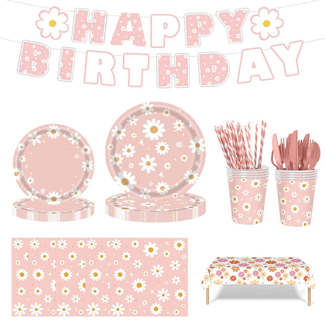 24Pcs Pink Daisy Disposable Party Plates & Cups - Perfect for Weddings & Events