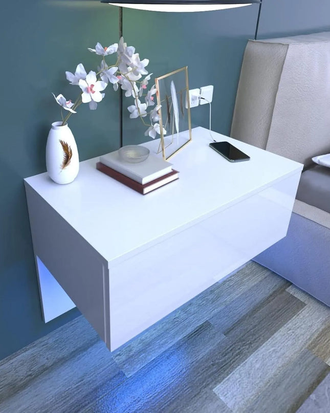 Modern Floating Bedside Table with RGB LED Lights - Cream White