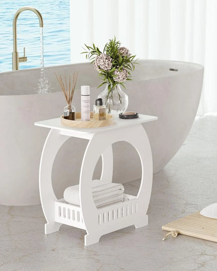 Modern White Bedside Table - Slim Nightstand with Storage Basket