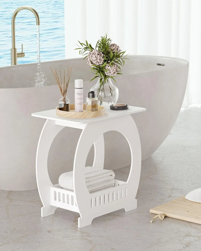 Modern White Bedside Table - Slim Nightstand with Storage Basket