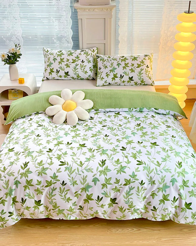 Anqianny 3-Piece Green Flower Print Duvet Cover Set - Modern Bedding