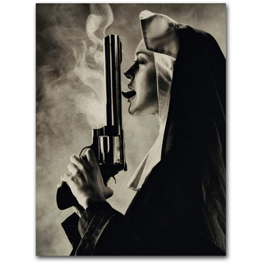 Vintage Smoking Nun Canvas Print - Funny Black and White Wall Art