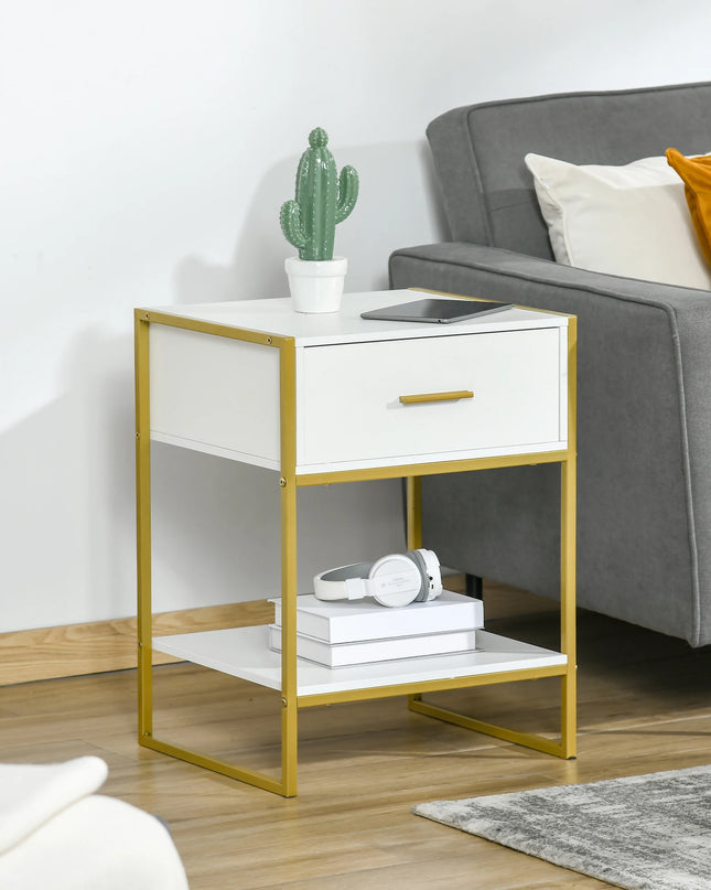 HOMCOM Modern White and Gold Bedside Table - Stylish Nightstand