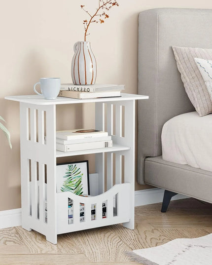 Modern White Bedside Table - Small Table with Storage Shelf