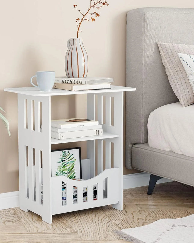 Modern White Bedside Table - Small Table with Storage Shelf