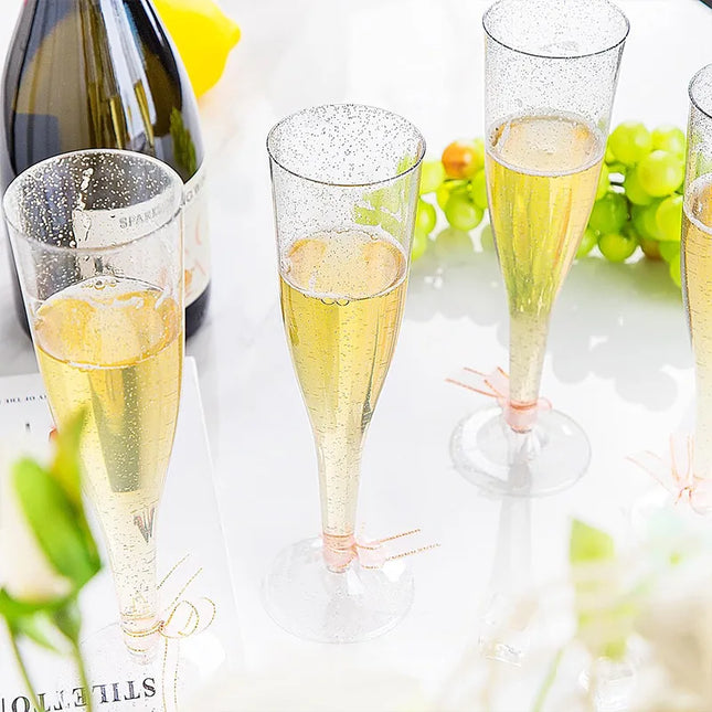 25/50Pcs Clear Champagne Flutes 5oz, Plastic Glitter Champagne Flutes