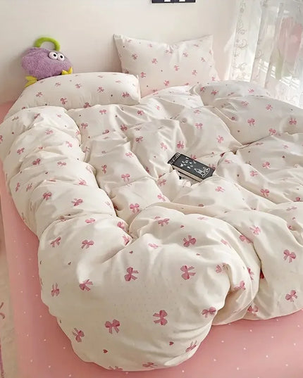 Anqianny 3pcs Pink Bow Duvet Cover Set with Pillowcases - Cozy & Breathable