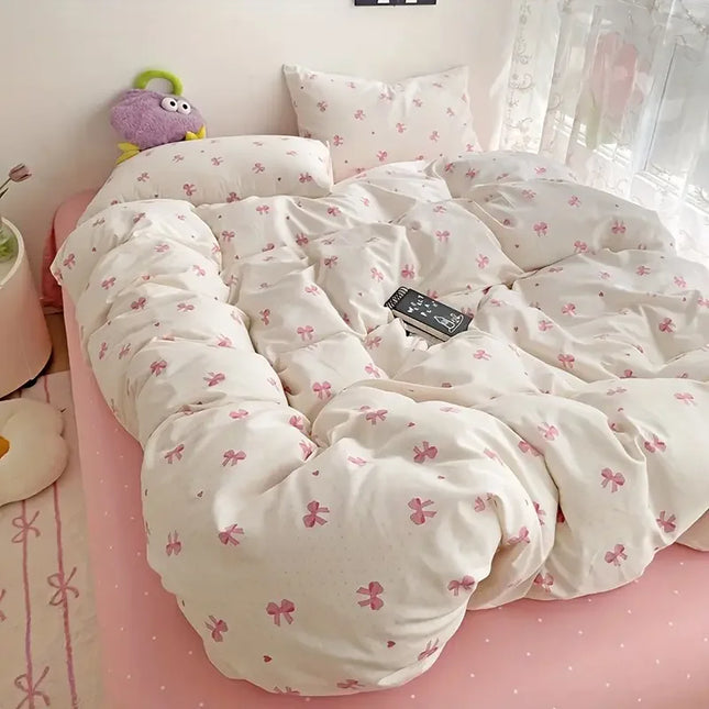 Anqianny 3pcs Pink Bow Duvet Cover Set with Pillowcases - Cozy & Breathable